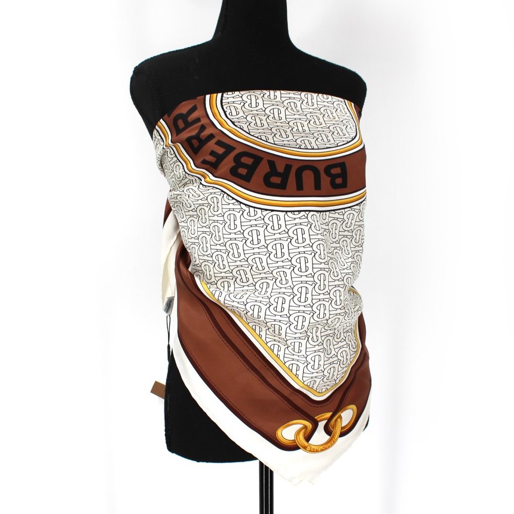 Burberry London Silk Monogram Logo Print Tie Scarf Brown Black 90 X 90 Cm NEW - Picture 8 of 8